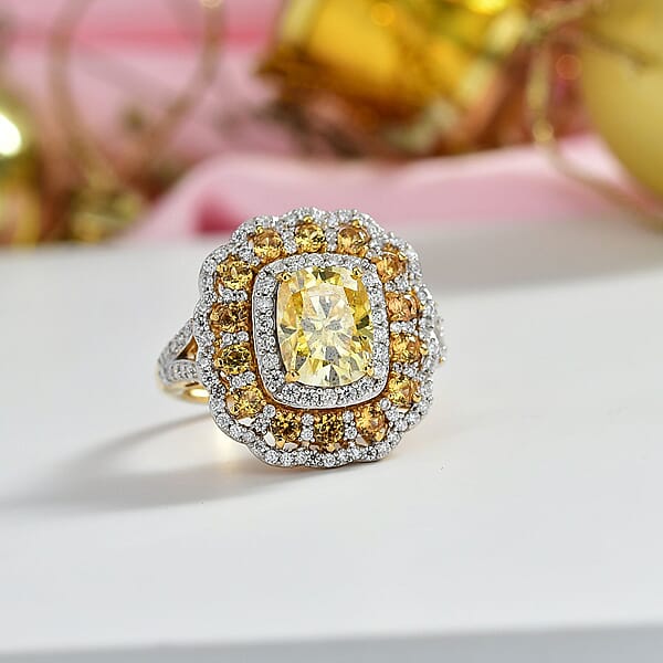 D'Joy Yellow And White Moissanite Yellow Sapphire 3.75 Ctw Floral Halo Ring In 18K Vermeil Yellow Gold Over Sterling Silver