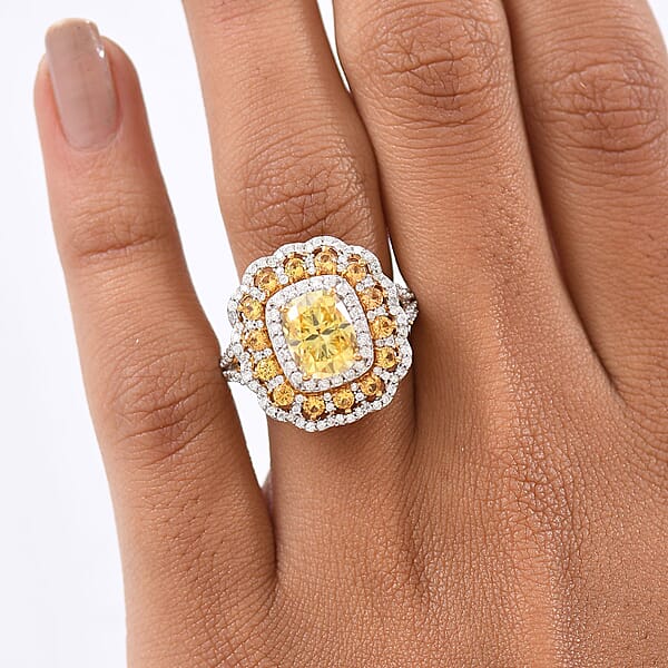 D'Joy Yellow And White Moissanite Yellow Sapphire 3.75 Ctw Floral Halo Ring In 18K Vermeil Yellow Gold Over Sterling Silver