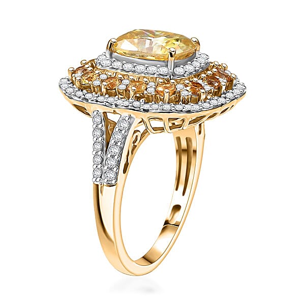 D'Joy Yellow And White Moissanite Yellow Sapphire 3.75 Ctw Floral Halo Ring In 18K Vermeil Yellow Gold Over Sterling Silver