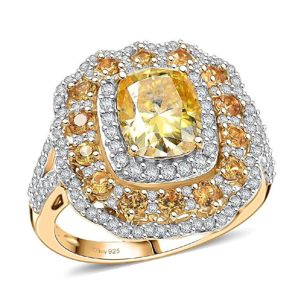 D'Joy Yellow and White Moissanite Yellow Sapphire 3.75 ctw Floral Halo Ring in 18K Vermeil Yellow Gold Over Sterling Silver
