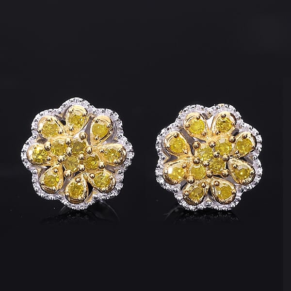 D'Joy Yellow Diamond Floral Earrings In Rhodium Over Sterling Silver 0.25 Ctw