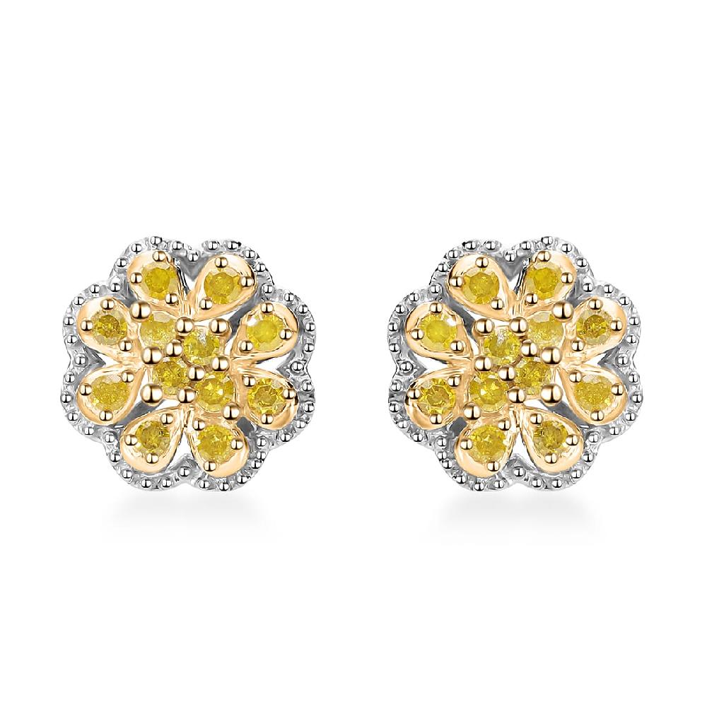 D'Joy Yellow Diamond Floral Earrings in Rhodium Over Sterling Silver 0.25 ctw