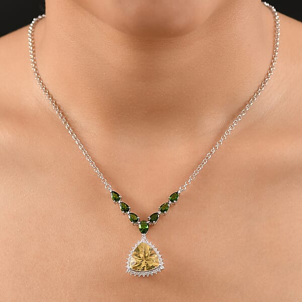 D'Joy Yellow Labradorite And Multi Gemstone 11.75 Ctw Celestial Canopy Necklace 18 Inches In Rhodium Over Sterling Silver