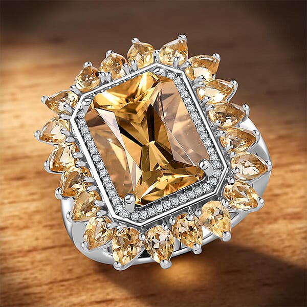D'Joy Yellow Labradorite And Multi Gemstone 9.60 Ctw Celestial Bloom Ring In Rhodium Over Sterling Silver