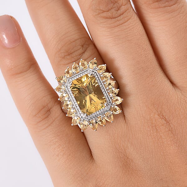 D'Joy Yellow Labradorite And Multi Gemstone 9.60 Ctw Celestial Bloom Ring In Rhodium Over Sterling Silver