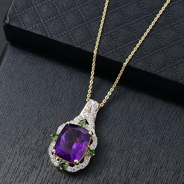 D'Joy Zambian Amethyst And Multi Gemstone 6.00 Ctw Art Deco Pendant Necklace In 18K Vermeil Yellow Gold Over Sterling Silver 20 Inches