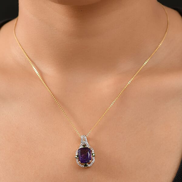 D'Joy Zambian Amethyst And Multi Gemstone 6.00 Ctw Art Deco Pendant Necklace In 18K Vermeil Yellow Gold Over Sterling Silver 20 Inches