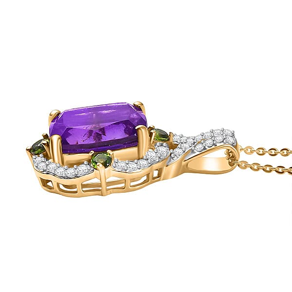 D'Joy Zambian Amethyst And Multi Gemstone 6.00 Ctw Art Deco Pendant Necklace In 18K Vermeil Yellow Gold Over Sterling Silver 20 Inches
