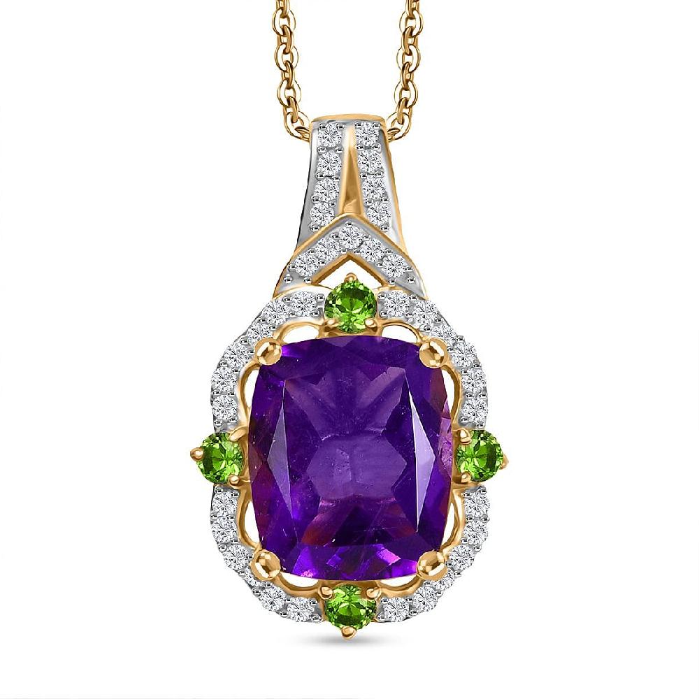D'Joy Zambian Amethyst and Multi Gemstone 6.00 ctw Art Deco Pendant Necklace in 18K Vermeil Yellow Gold Over Sterling Silver 20 Inches