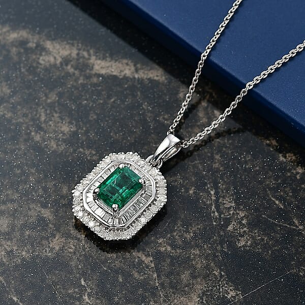 D'Joy Zambian Emerald Diamond Pendant Necklace In Rhodium Over Sterling Silver 1.40 Ctw (20 Inches)