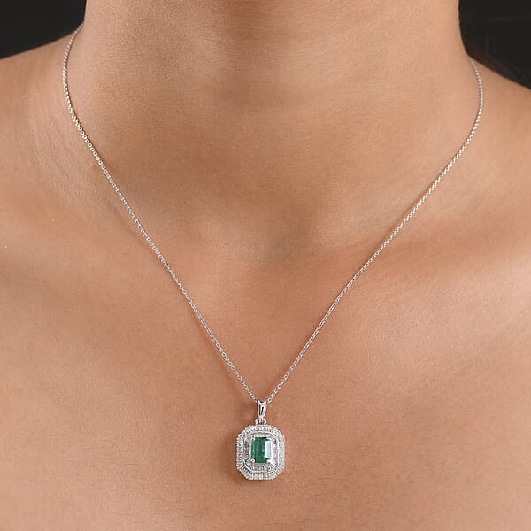 D'Joy Zambian Emerald Diamond Pendant Necklace In Rhodium Over Sterling Silver 1.40 Ctw (20 Inches)