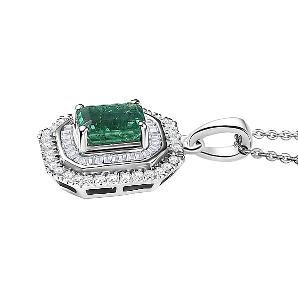 D'Joy Zambian Emerald Diamond Pendant Necklace In Rhodium Over Sterling Silver 1.40 Ctw (20 Inches)