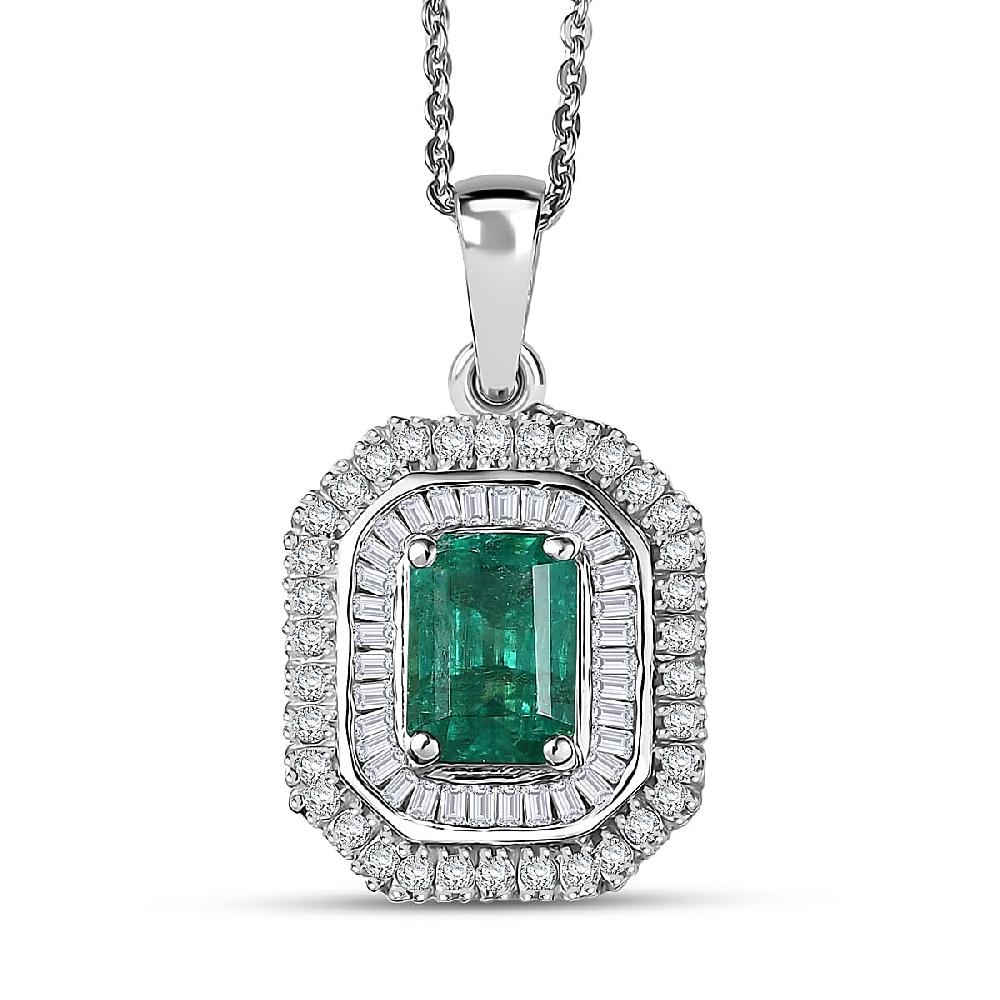 D'Joy Zambian Emerald Diamond Pendant Necklace in Rhodium Over Sterling Silver 1.40 ctw (20 Inches)