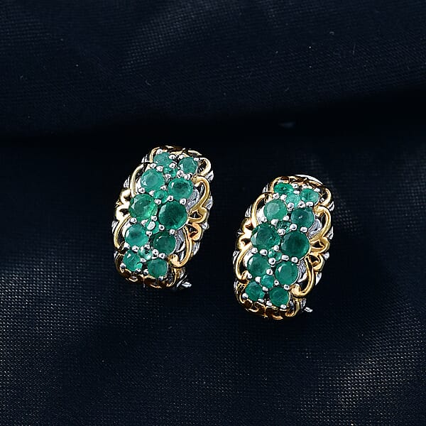 D'Joy Zambian Emerald Earrings In 18K Vermeil YG And Rhodium Over Sterling Silver 2.10 Ctw