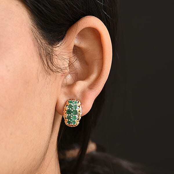 D'Joy Zambian Emerald Earrings In 18K Vermeil YG And Rhodium Over Sterling Silver 2.10 Ctw