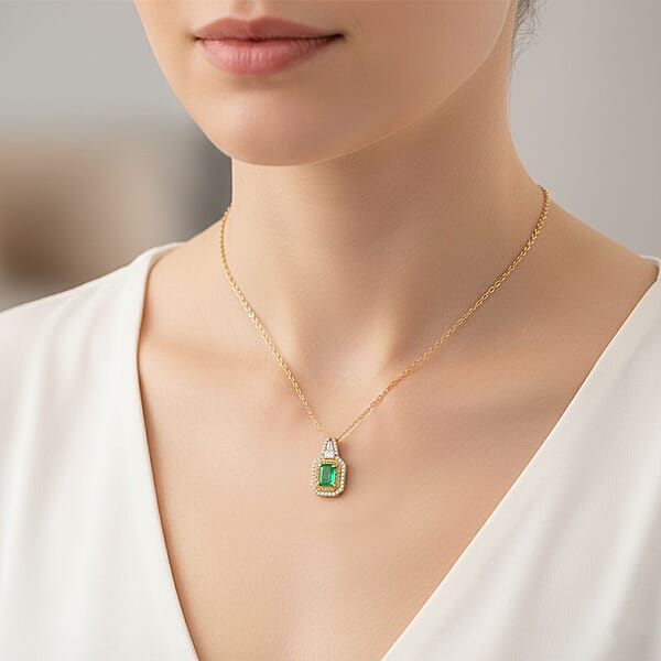 D'Joy Zambian Emerald Multi Gemstone Pendant Necklace In 18K Vermeil YG Over Sterling Silver 1.60 Ctw (20 Inches)