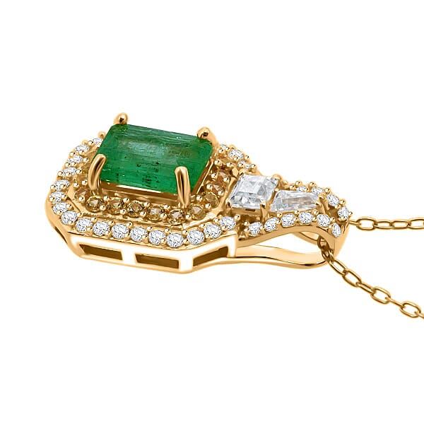 D'Joy Zambian Emerald Multi Gemstone Pendant Necklace In 18K Vermeil YG Over Sterling Silver 1.60 Ctw (20 Inches)