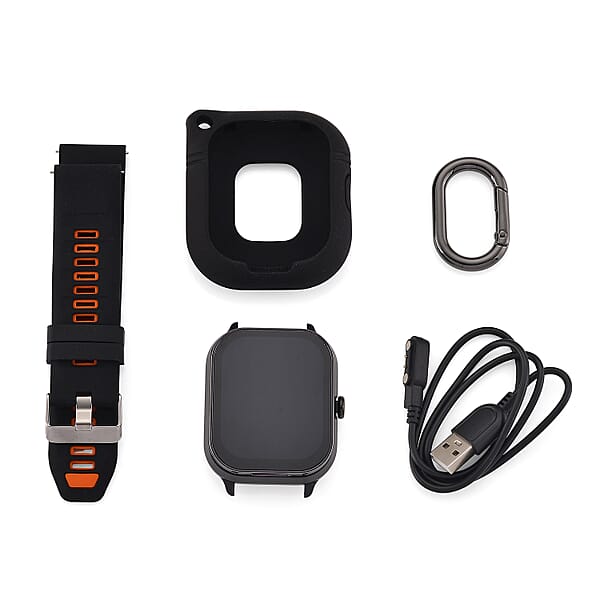 D8_PRO Smart Watch With Black And Orange Silicone Strap And Earbuds