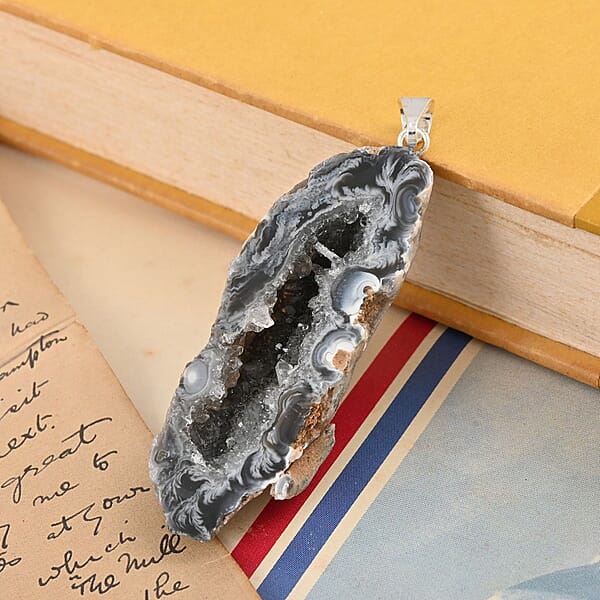 Dark Geode Amethyst 61.25 Ctw Slice Pendant Without Chain In Silvertone