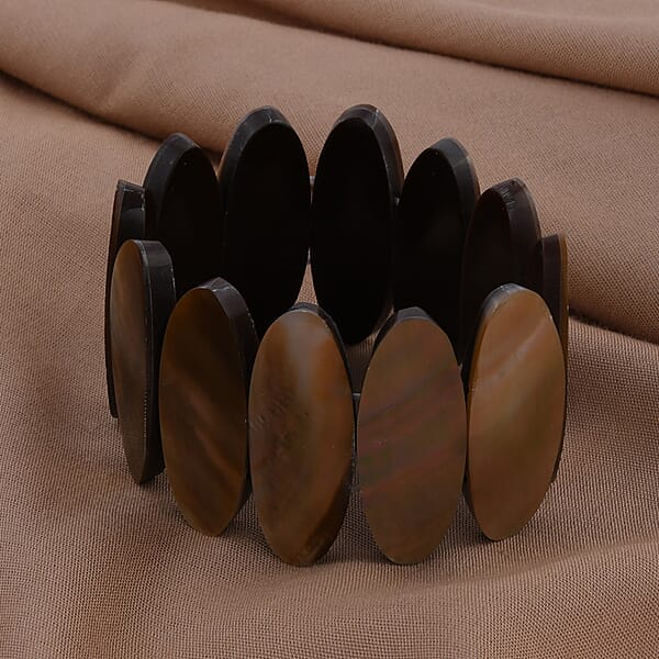 Dark Golden Shell Inlay Stretch Bracelet With Matching Color Resin (7.50 In) 0.10 Ctw