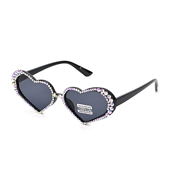 Dark Gray Heart Shape UV400 Sunglasses With Black Artificial Crystal Frame