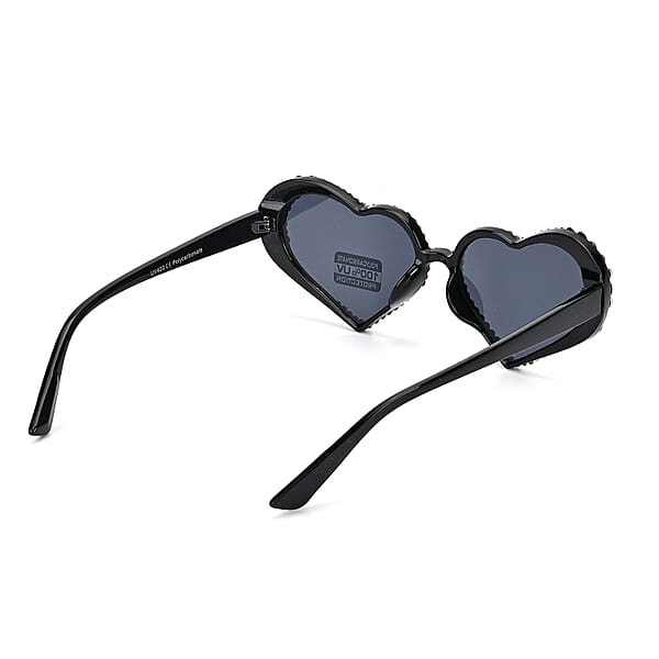 Dark Gray Heart Shape UV400 Sunglasses With Black Artificial Crystal Frame