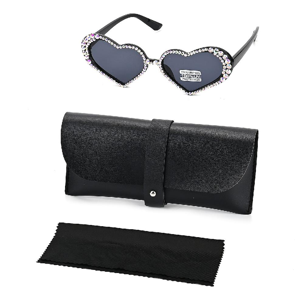 Dark Gray Heart Shape UV400 Sunglasses with Black Artificial Crystal Frame