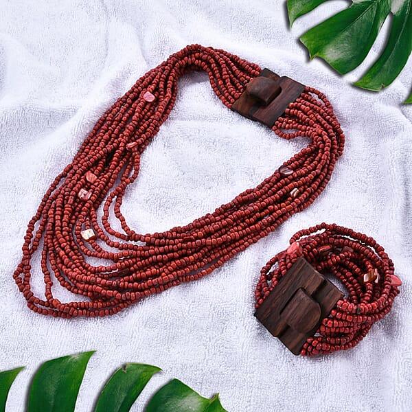 Dark Red Seed Bead And Shell Wooden Buckle Stretch Bracelet And Multi Strand Necklace 18 Inches