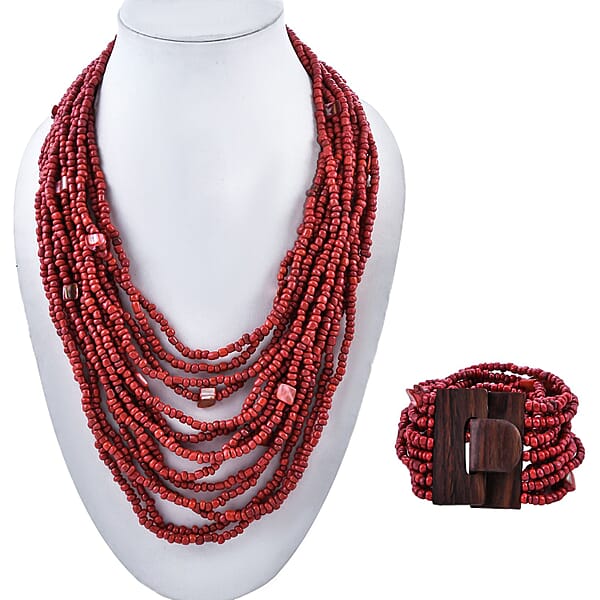 Dark Red Seed Bead And Shell Wooden Buckle Stretch Bracelet And Multi Strand Necklace 18 Inches