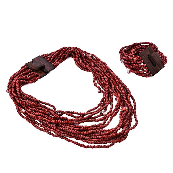 Dark Red Seed Bead And Shell Wooden Buckle Stretch Bracelet And Multi Strand Necklace 18 Inches