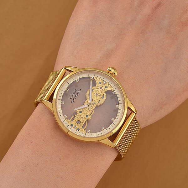 Deal Of The Day Classic Succession Automatic Mechanical Movement Austrian Crystal Watch In ION Plated YG Stainless Steel