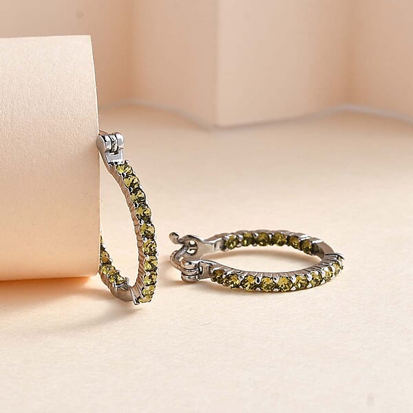 Designer Premium Khaki Color Austrian Crystal Inside Out Hoop Earrings In Stainless Steel