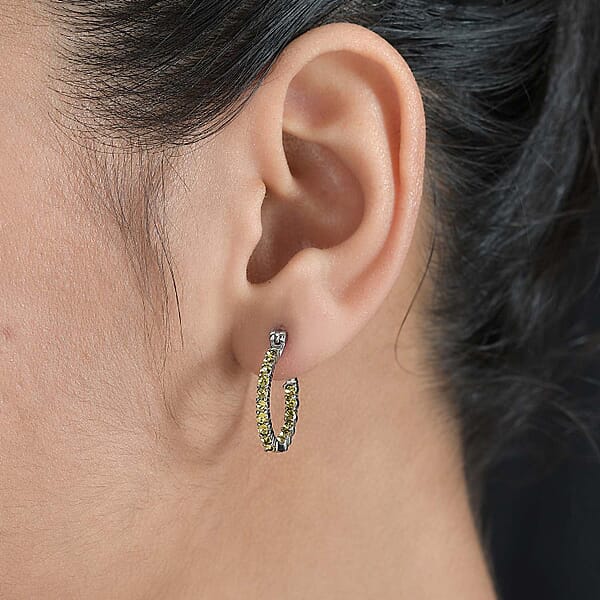 Designer Premium Khaki Color Austrian Crystal Inside Out Hoop Earrings In Stainless Steel