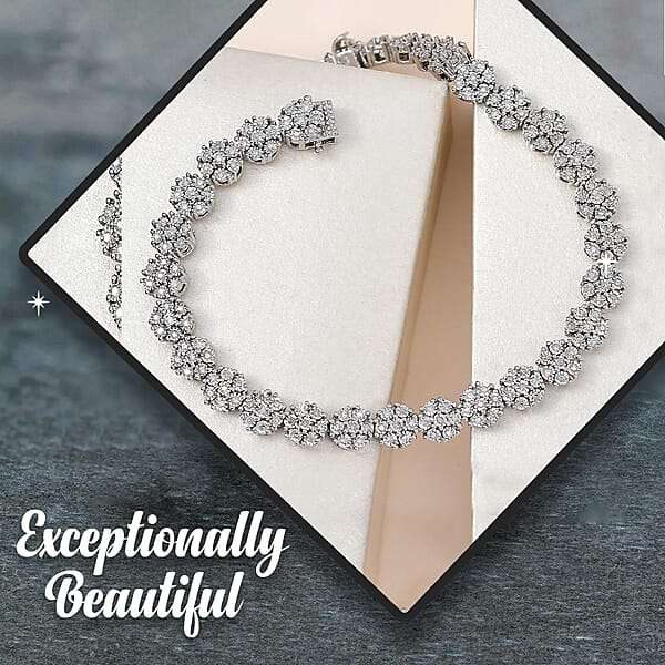 Diamond Floral Bracelet In Platinum Over Sterling Silver Silver Cluster Bracelet Wedding Gifts For Her (6.50 In) 0.90 Ctw