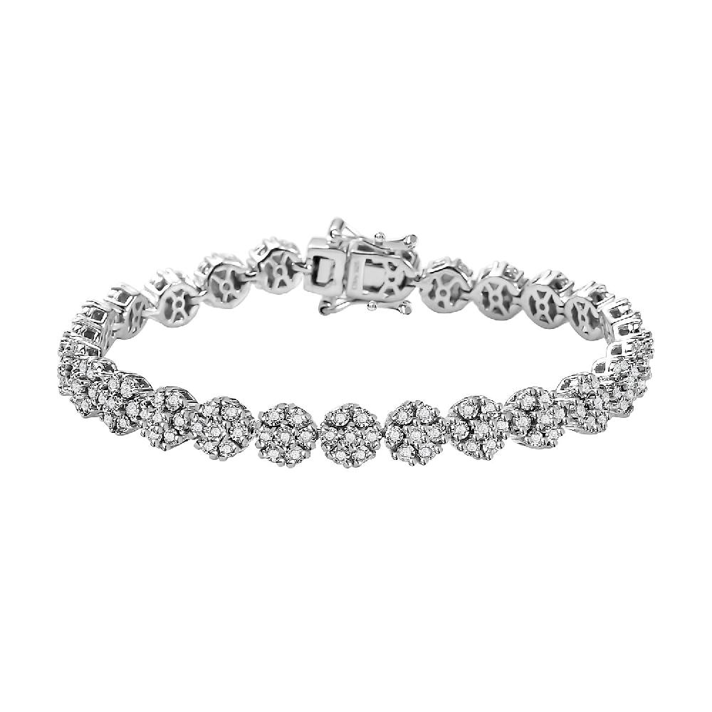 Diamond Floral Bracelet In Platinum Over Sterling Silver Silver Cluster Bracelet Wedding Gifts For Her (6.50 In) 0.90 Ctw