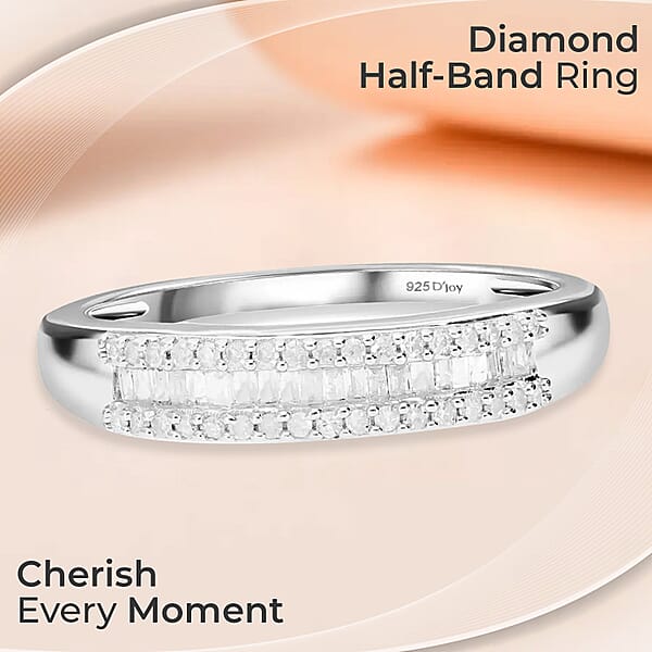 Diamond Ring Platinum Over Sterling Silver Ring Three Row Half Eternity Band Diamond Jewelry Gifts For Her 0.25 Ctw