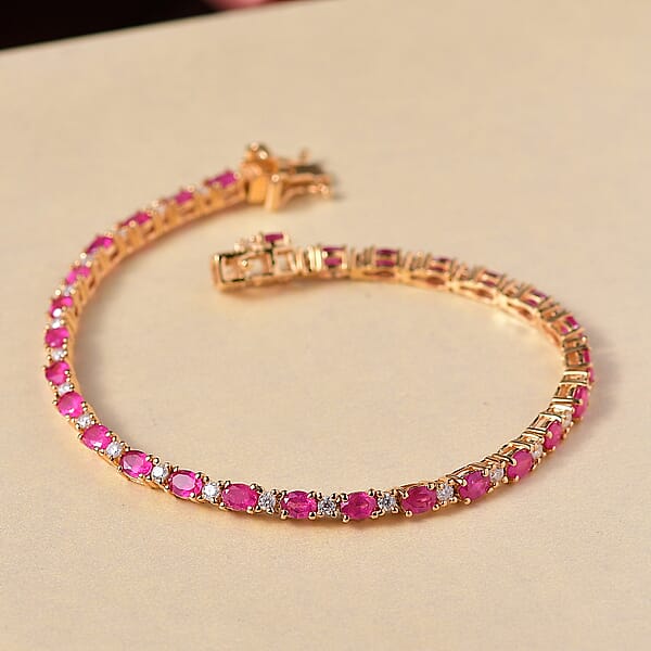 DJoy Premium Montepuez Ruby Moissanite 7.25 Ctw Blaze Flower Vines Bracelet In 18K Vermeil Yellow Gold Over Sterling Silver (7.25 In)