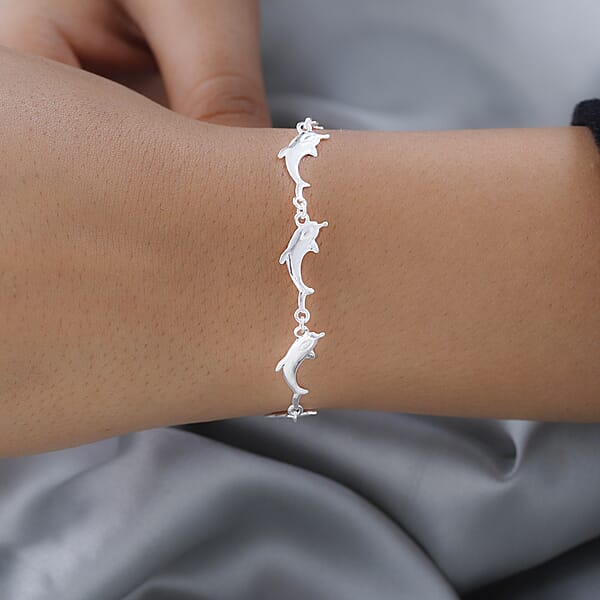 Dolphin Link Charm Bracelet For Women In Sterling Silver Ocean Jewelry Beach Gifts Size 7.25 Inches (7.25 In)