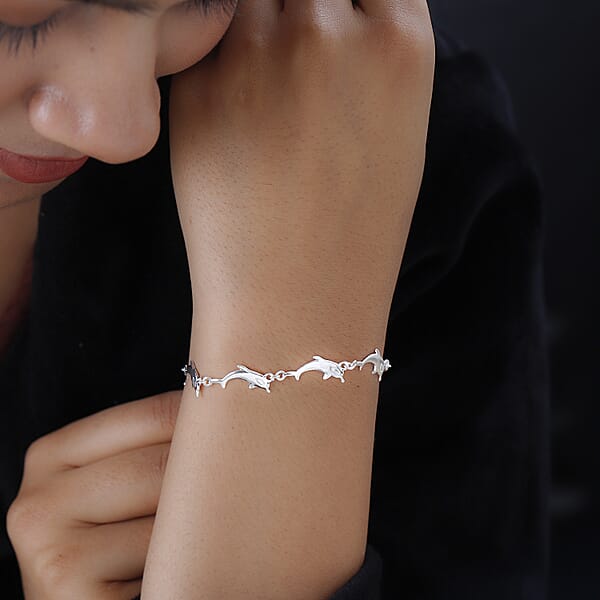 Dolphin Link Charm Bracelet For Women In Sterling Silver Ocean Jewelry Beach Gifts Size 7.25 Inches (7.25 In)