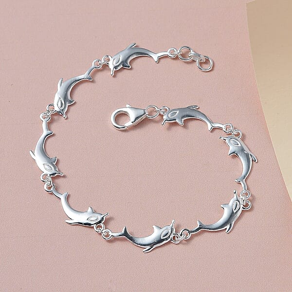 Dolphin Link Charm Bracelet For Women In Sterling Silver Ocean Jewelry Beach Gifts Size 7.25 Inches (7.25 In)