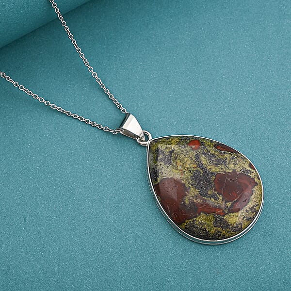 Dragon Blood Jasper 60.00 Ctw Pendant In Silvertone With Stainless Steel Necklace 20 Inches