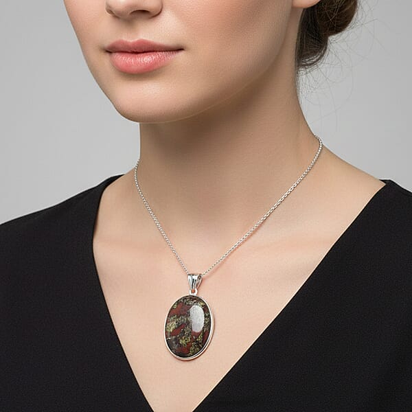 Dragon Blood Jasper Inlay Frame Pendant Necklace (20 Inches) In Stainless Steel 62.00 Ctw