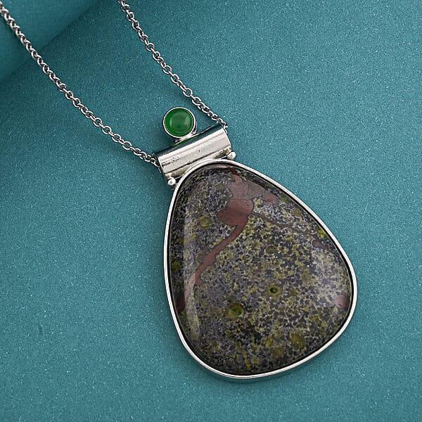 Dragon Bloodstone Jasper And Multi Gemstone 36.00 Ctw Drop Frame Pendant In Silvertone With Stainless Steel Necklace 20 Inches