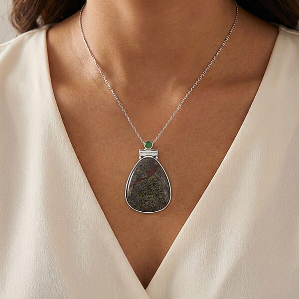 Dragon Bloodstone Jasper And Multi Gemstone 36.00 Ctw Drop Frame Pendant In Silvertone With Stainless Steel Necklace 20 Inches