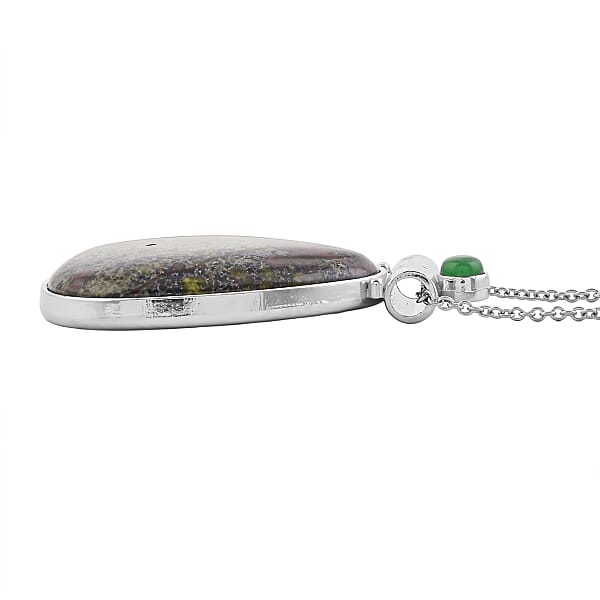 Dragon Bloodstone Jasper And Multi Gemstone 36.00 Ctw Drop Frame Pendant In Silvertone With Stainless Steel Necklace 20 Inches