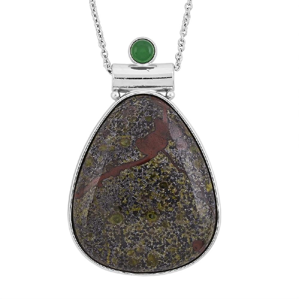 Dragon Bloodstone Jasper and Multi Gemstone 36.00 ctw Drop Frame Pendant in Silvertone with Stainless Steel Necklace 20 Inches