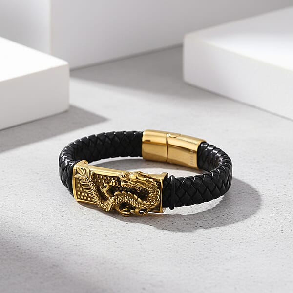 Dragon Motif Microfiber Leather Bracelet In ION Plated YG Stainless Steel (8.00 In)