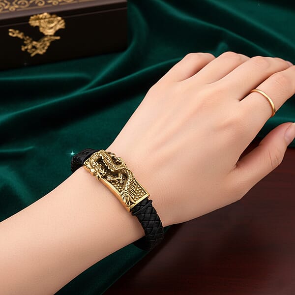 Dragon Motif Microfiber Leather Bracelet In ION Plated YG Stainless Steel (8.00 In)