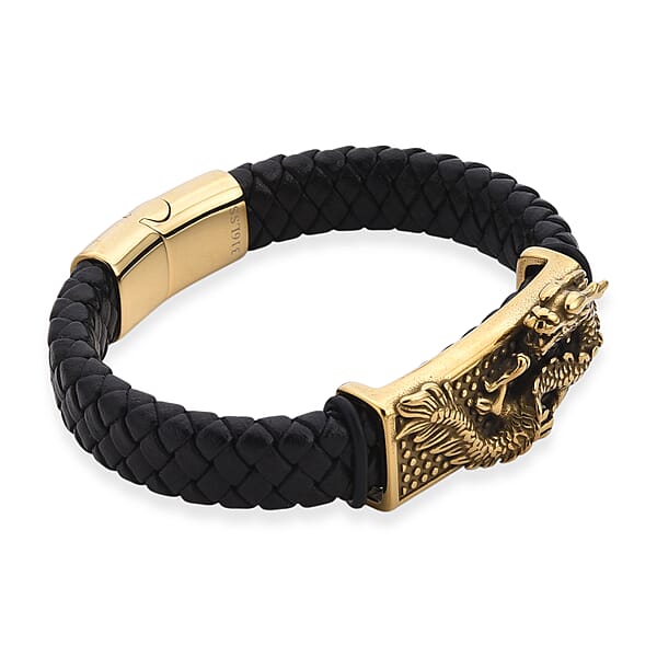 Dragon Motif Microfiber Leather Bracelet In ION Plated YG Stainless Steel (8.00 In)
