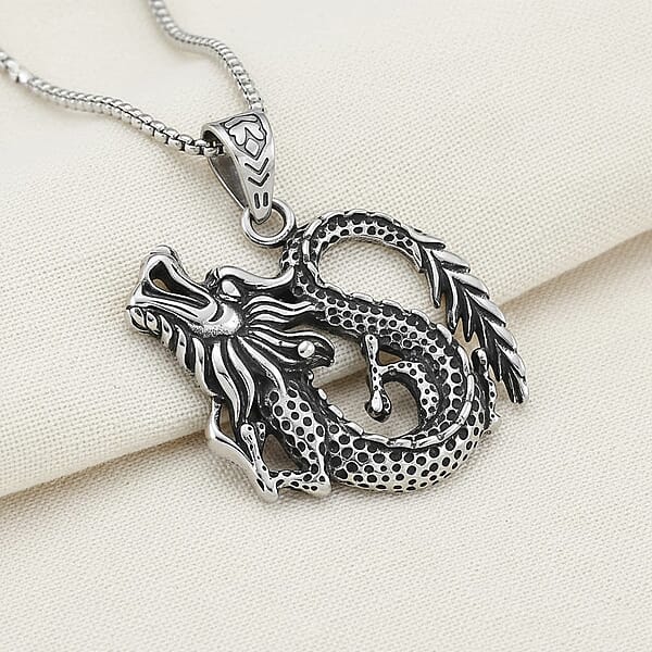Dragon Pendant Necklace In Stainless Steel 23.5 Inches